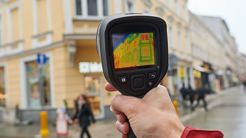 Mann termograferer et bygg.