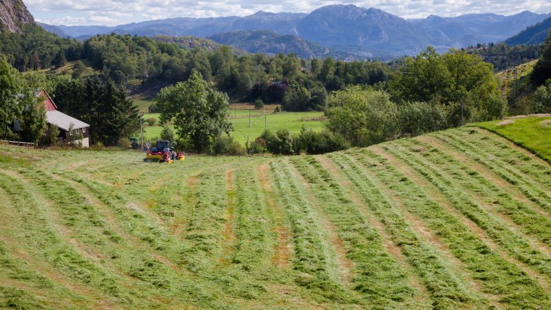 Bildet viser en en traktor som kjører på et jorde i Norge