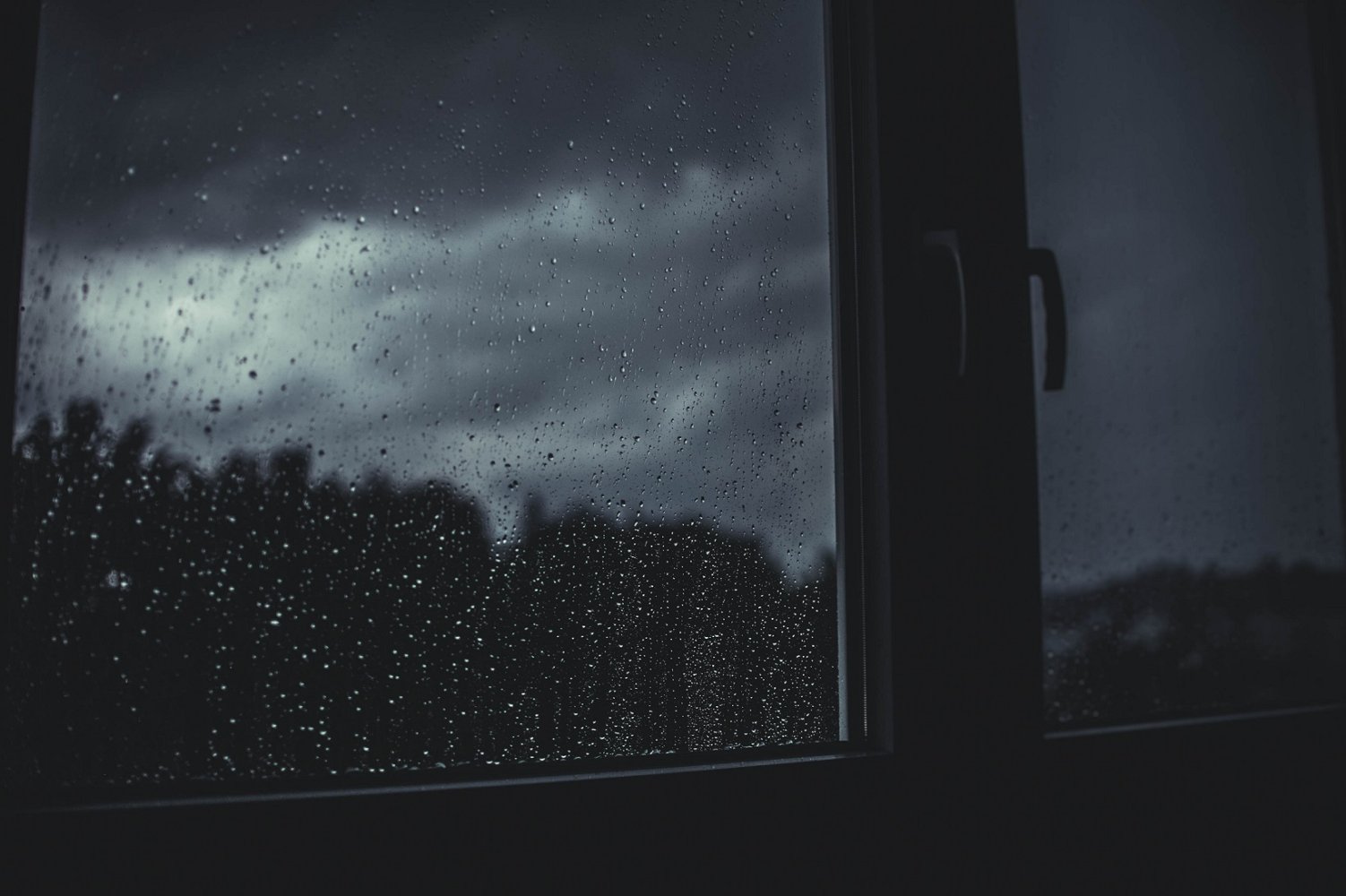 Mørkt. Vindu. Regn. Vind.