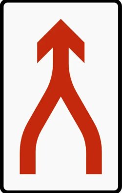 Et skilt som viser to røde linjer som går sammen og danner en pil.