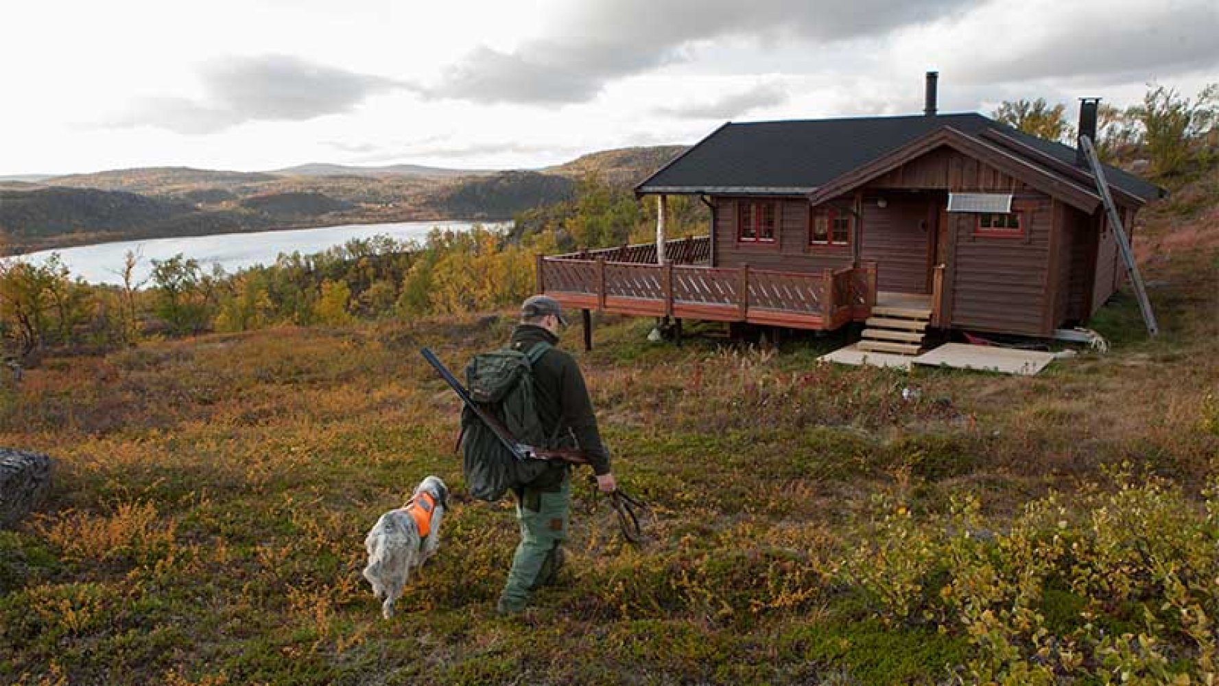 Mann og hund på jakt. Fjell. Høst.