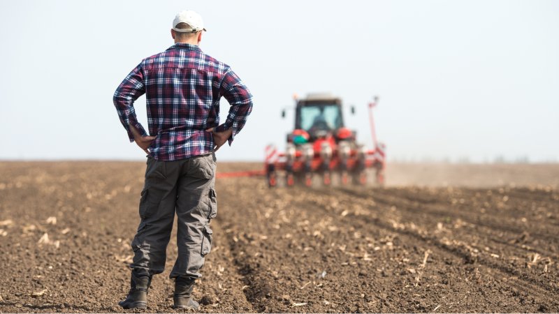 Bonde som ser utover åker. Traktor i bakgrunnen.