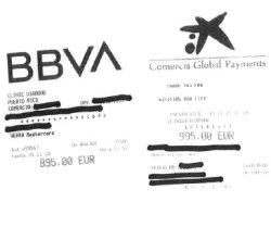 Bildet viser to kvitteringer á 895 euro og 995 euro etter en kundes besøk ved legeklinikken.