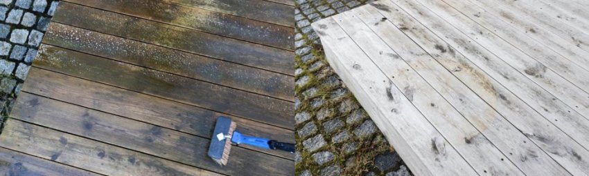 FØR OG ETTER: En omgang med såpe og vann gir nytt liv til en gammel terrasse. Foto: Jotun