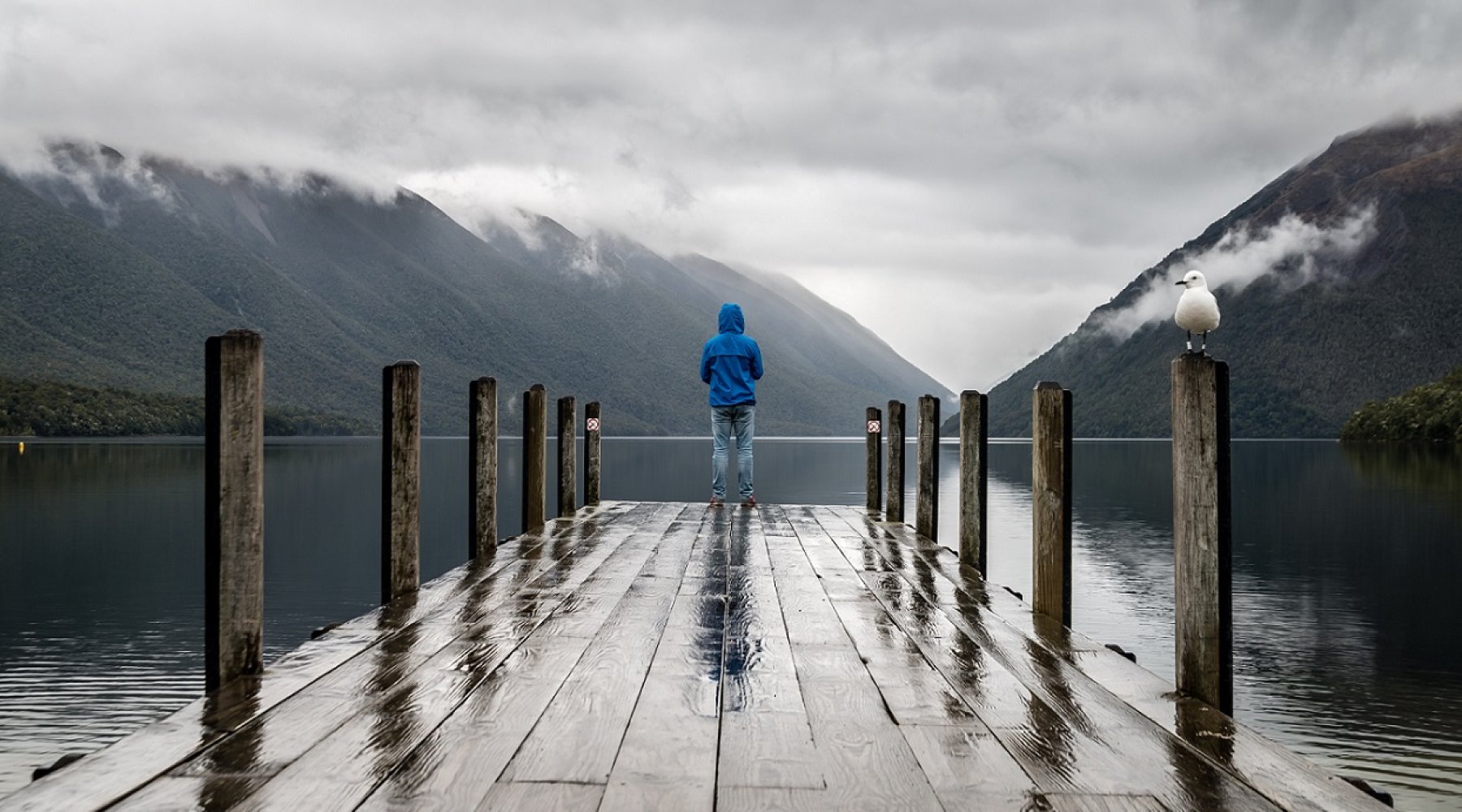 Brygge. Fjord. Regn og skyer.