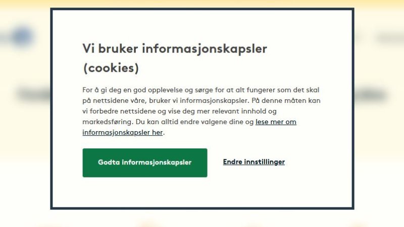 Pop-up vindu hvor du kan velge å godta eller endre cookie-innstillinger