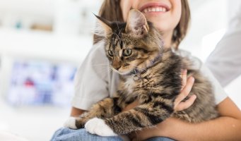 Et barn med en katt i armene.
