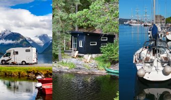 Kollasj med bilder av båt, bobil og hytte