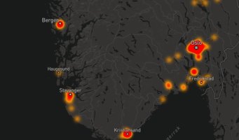 NAFs tyverikart, som viser i hvilke områder det forekommer mest sykkeltyverier for øyeblikket.